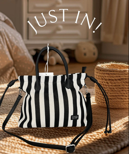 Borsa donna con tracolla e manici "Coveri" a righe bianco nero