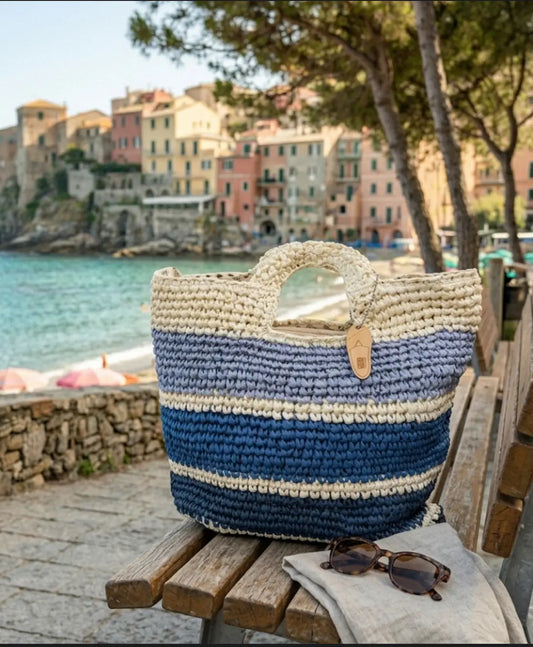 Borsa Mare Donna  blu bianco azzurro con doppio manico