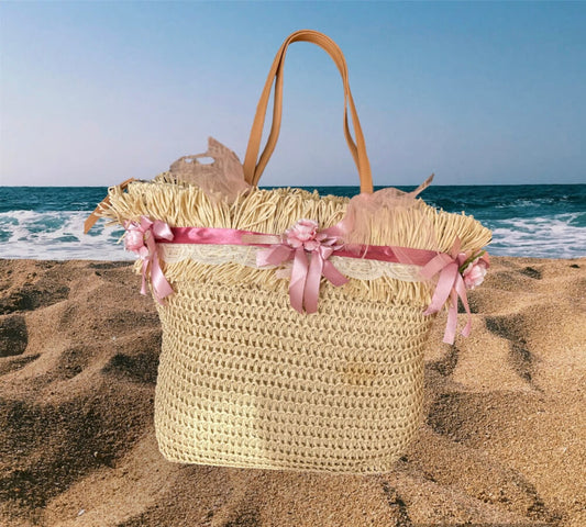 Borsa maxi donna in paglia colore natural decorata a mano