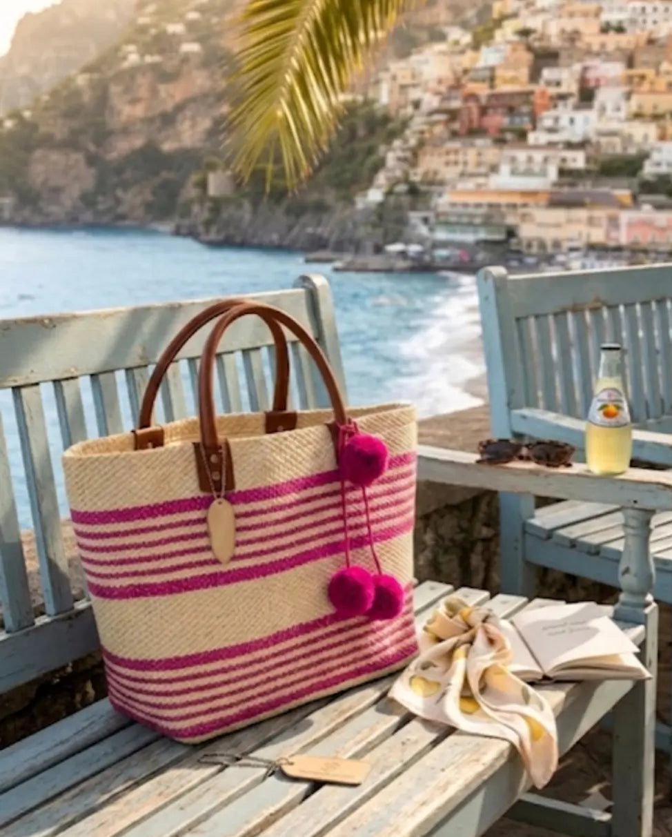 Borsa Mare Paez in Paglia a Righe Gialle o fuxia  con Pompon  Tote Bag Spiaggia