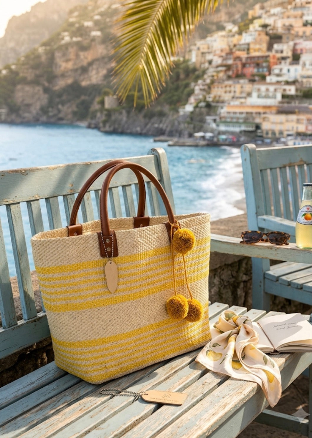 Borsa Mare Paez in Paglia a Righe Gialle o fuxia  con Pompon  Tote Bag Spiaggia