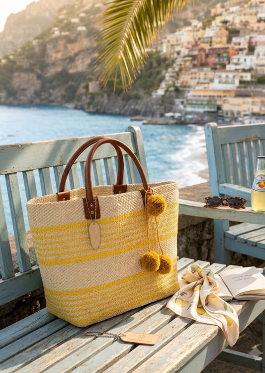 Borsa Mare Paez in Paglia a Righe Gialle o fuxia  con Pompon | Tote Bag Spiaggia