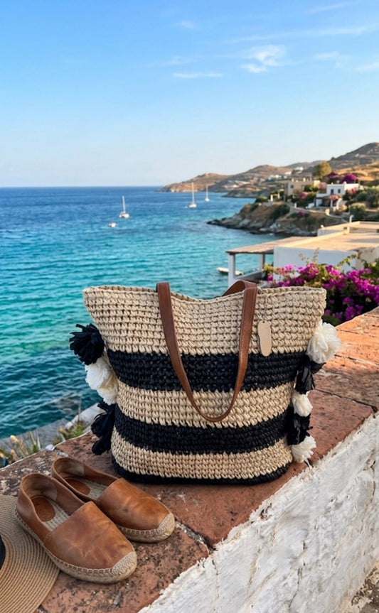 Borsa Mare in Paglia a Righe Nere – Modello Paez