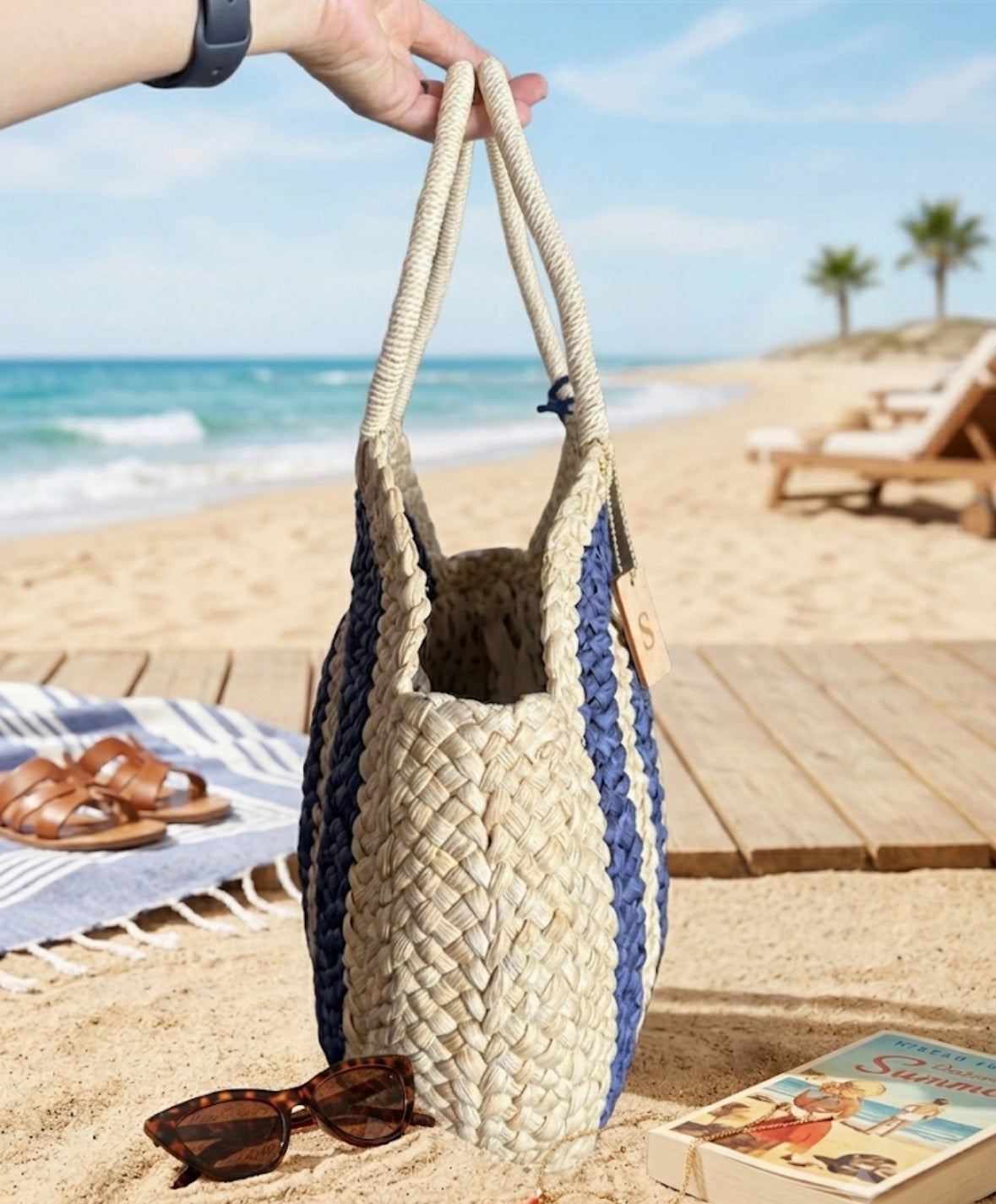 Borsa Mare Rotonda in Paglia Intrecciata PAEZ – Borsa da Spiaggia con Dettagli Blu e Pon Pon