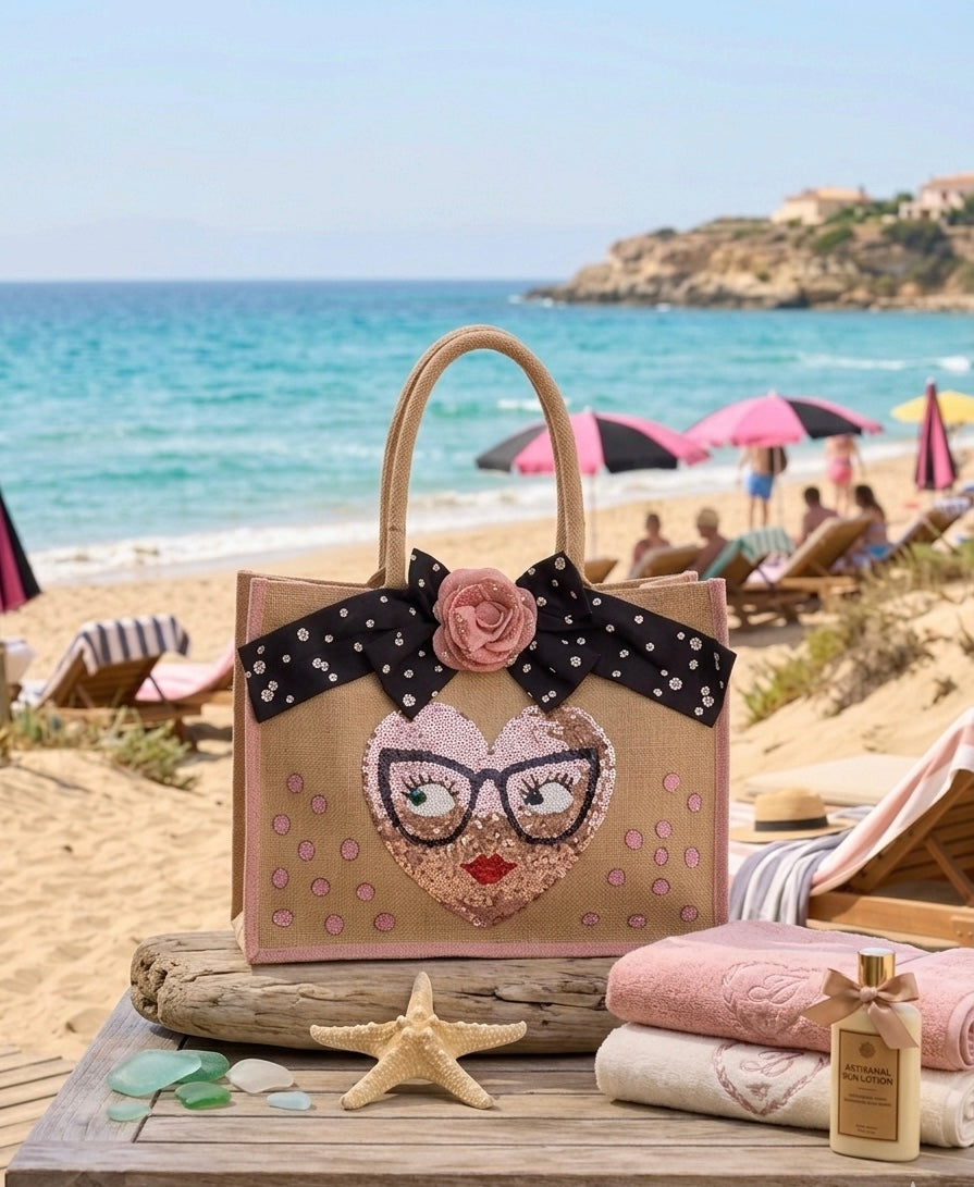 Borsa in Yuta Fatta a Mano con Decorazioni Artigianali – Doppio Manico, Spiaggia e Mare