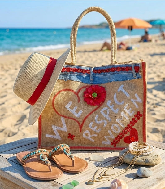 Borsa in Yuta Fatta a Mano con Decorazioni Artigianali – Doppio Manico, Spiaggia e Mare