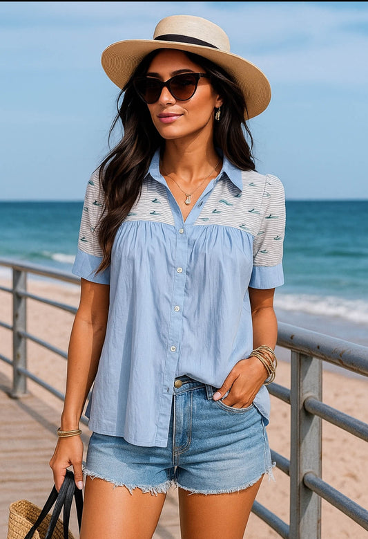 Camicia donna azzurra manica corta estiva