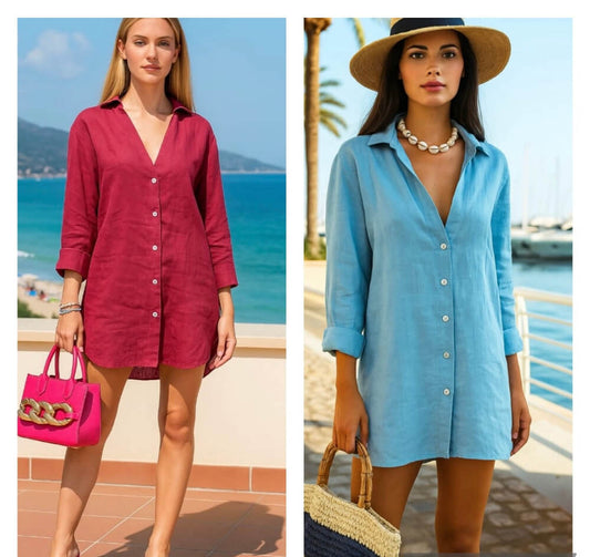 Camicia donna lino , manica 3/4 , scollo a V, made in iTALY Cashmere Company