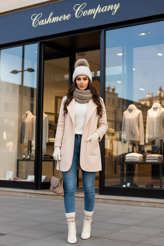 Cappotto Donna Cashmere Company colore sabbia lana e Cashmere Made in Italy Modella elegante che indossa il cappotto beige davanti al negozio Cashmere Company