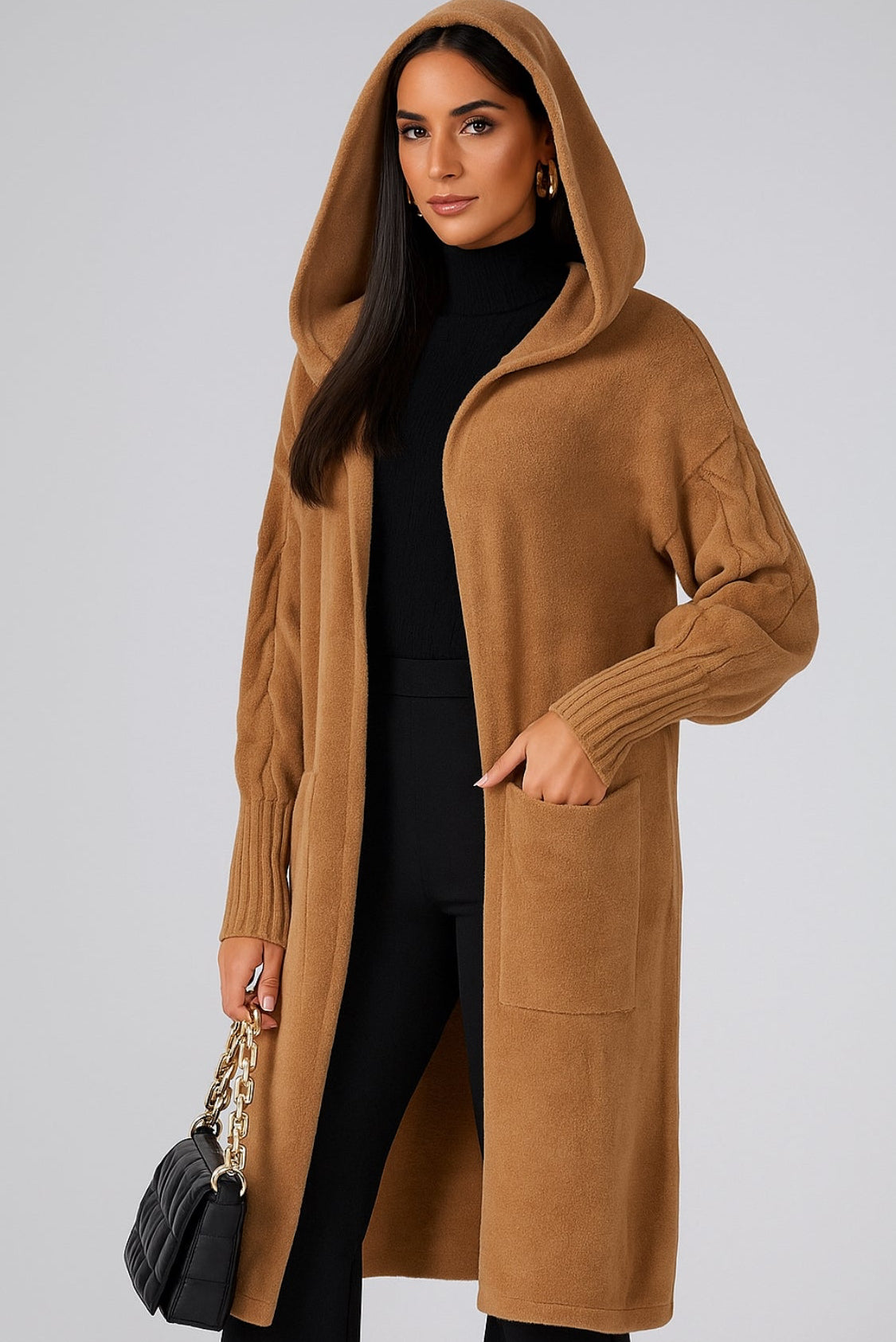 Cardigan Lungo Donna in Lana Rasata con cappuccio