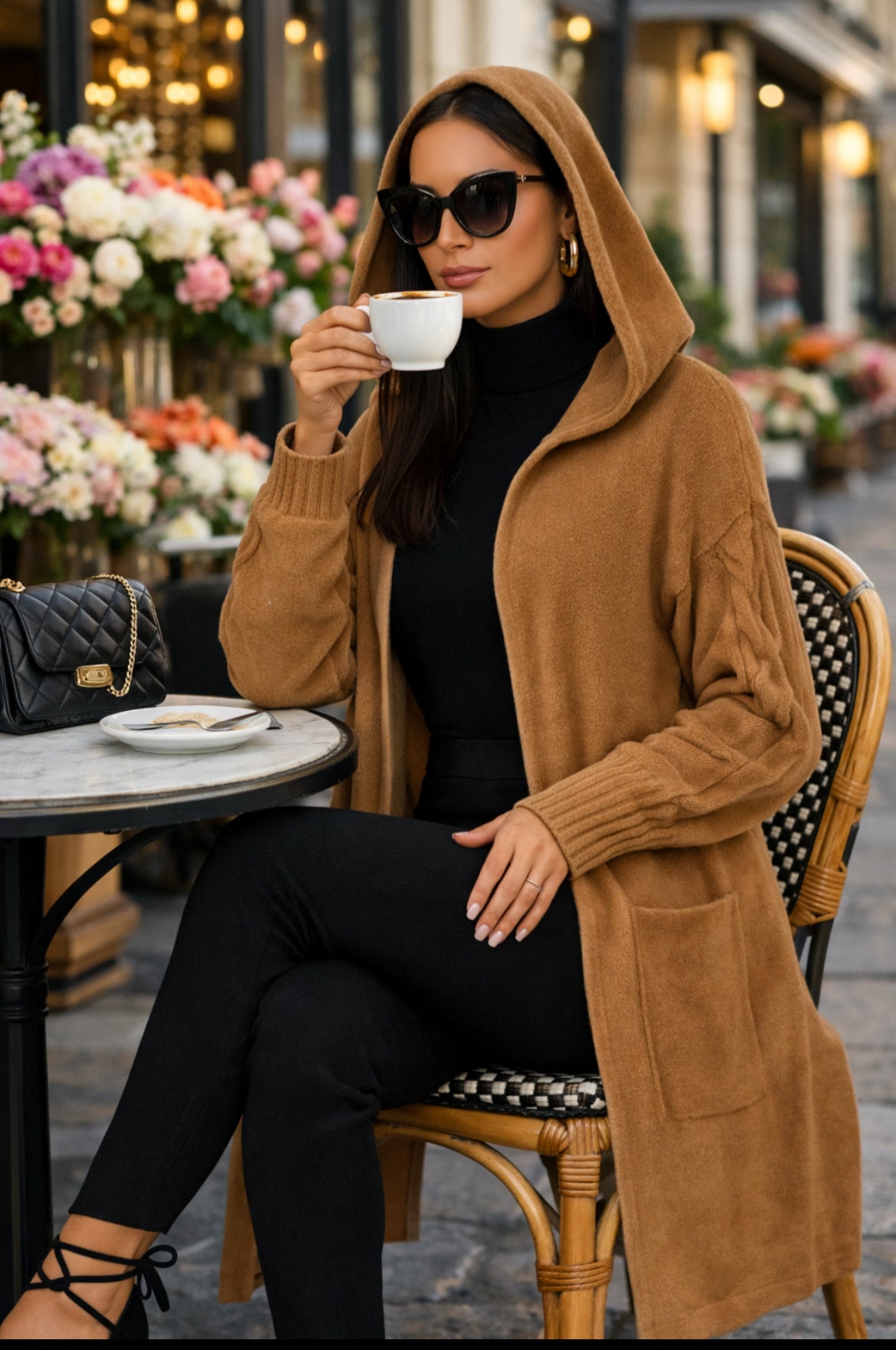 Cardigan lungo donna in lana rasata biscotto