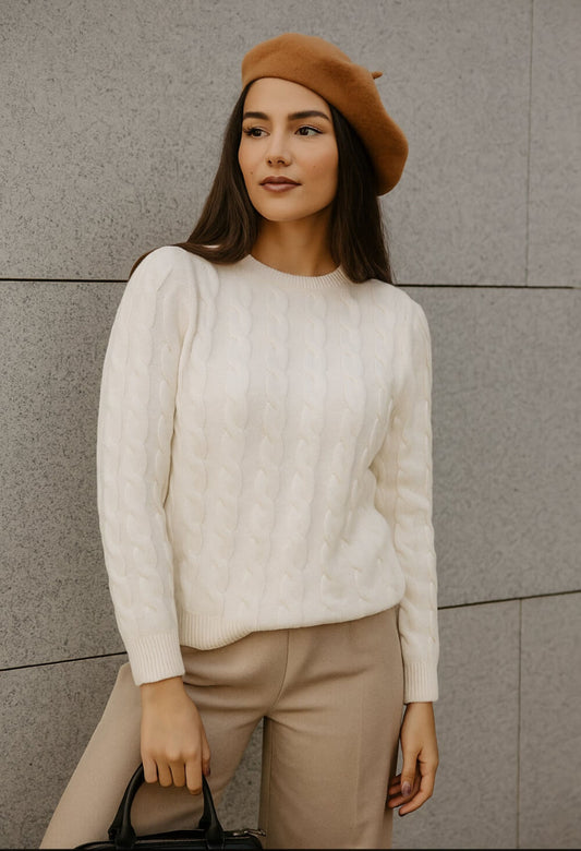 Cashmere Company magli8a donna girocollo trecce bianco cashmere e lana, made in Italy