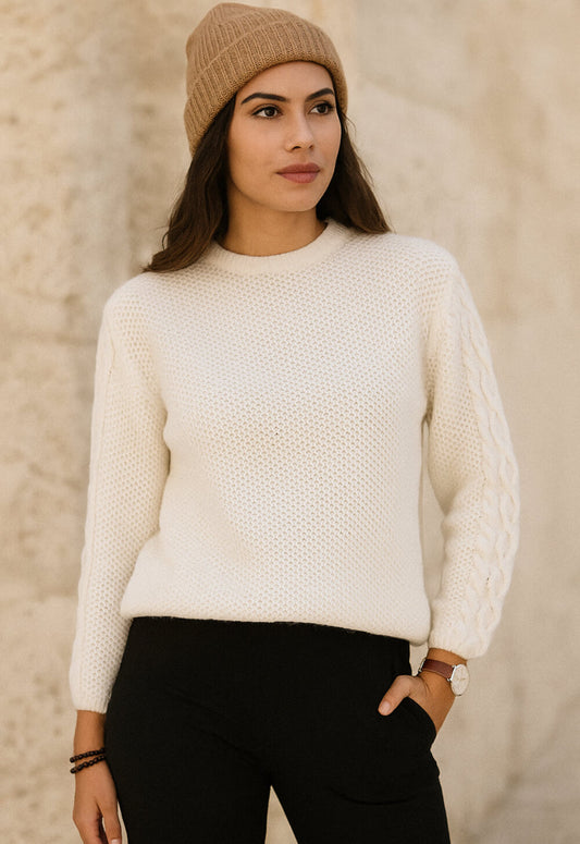 Cashmere Company maglia donna bianca girocollo lana e alpaca, Made in Italy , lavorazione punto canestro