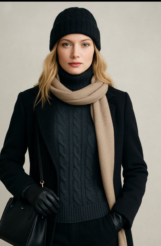 Cashmere Company maglia donna dolcevita nero trecce, lana e cashmere Made in Italy 
