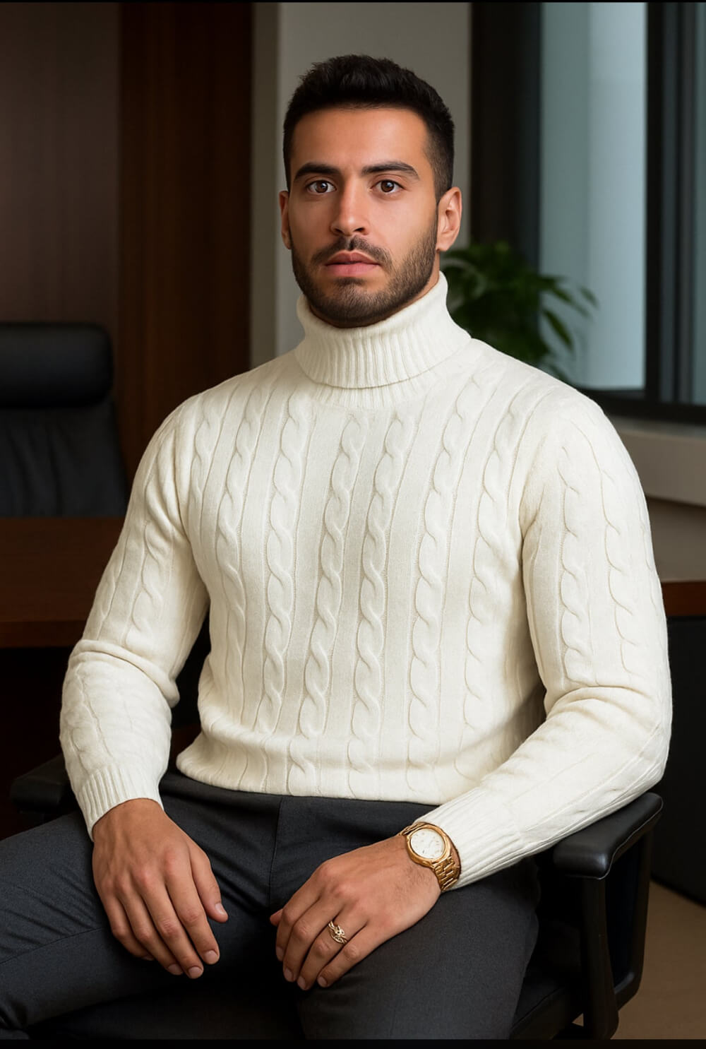 Cashmere Company maglia uomo Bianco dolcevita trecce Cashmere e Lana Made in Italy