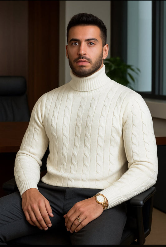 Cashmere Company maglia uomo Bianco dolcevita trecce Cashmere e Lana Made in Italy