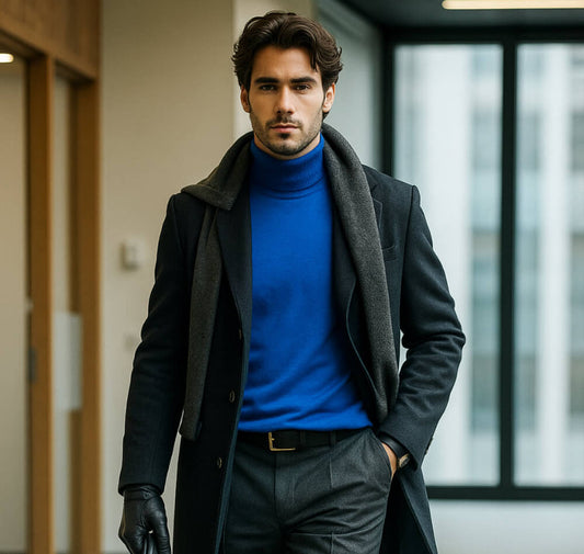 Cashmere Company maglia uomo blu Royal  dolcevita in lana rasata Cashmere lana e seta