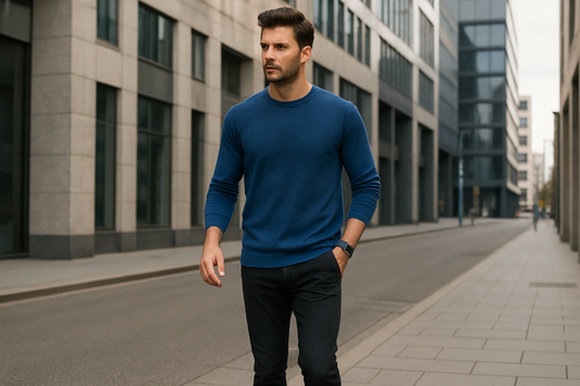 Cashmere Company maglia uomo blu denim girocollo cashmere e lana Made in Italy