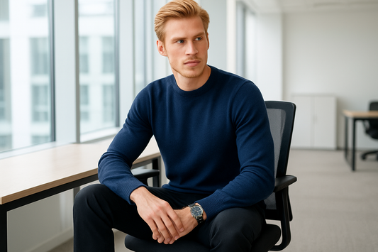 Cashmere Company maglia uomo blu girocollo cashmere e lana Made in Italy
Maglia blu navy uomo indossata da modello biondo in ufficio