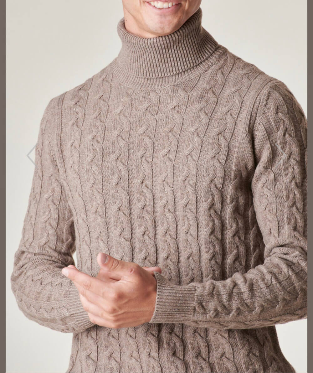 Cashmere Company maglia uomo dolcevita trecce beige,Made in Italy lana e cashmere 