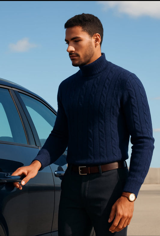 Cashmere Company maglia uomo dolcevita trecce blu made in Italy cashmere e lana