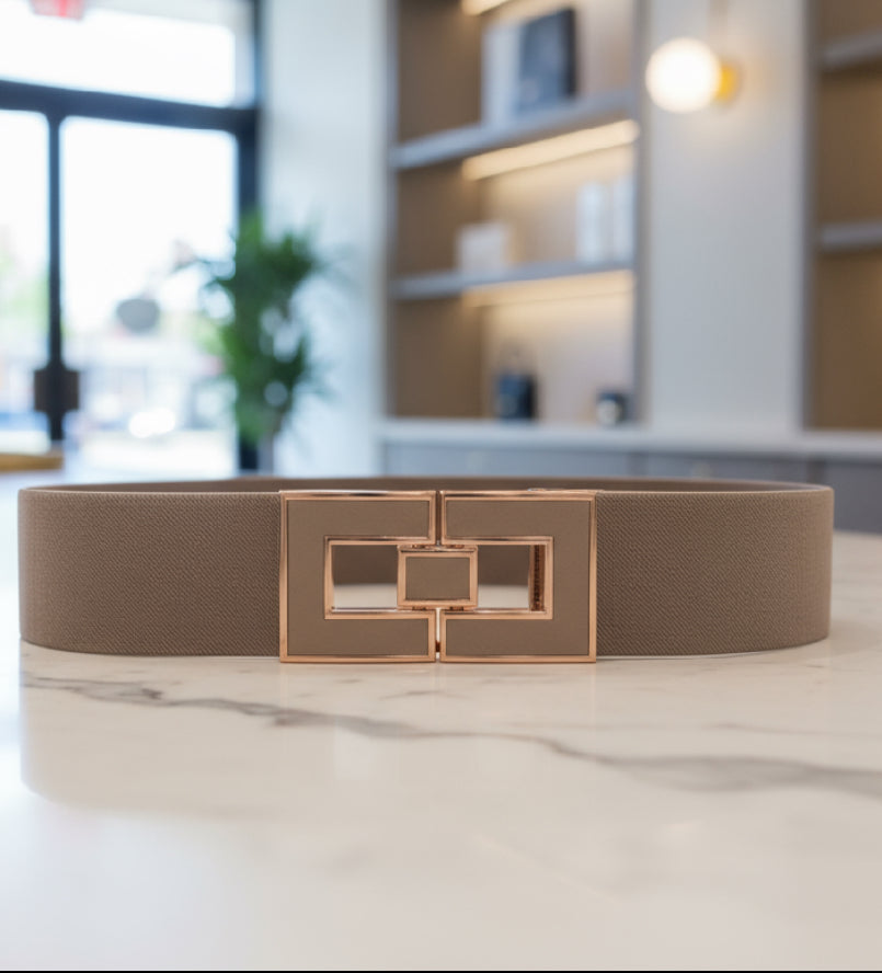 Cintura Donna Elastica a Molla Beige con Fibbia Oro