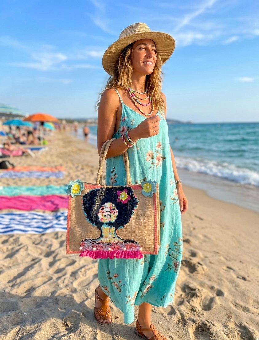 Borsa in Yuta Fatta a Mano con Decorazioni Artigianali – Doppio Manico, Spiaggia e Mare