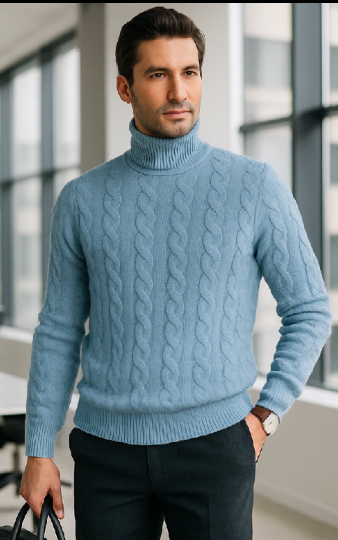Dolcevita trecce uomo azzurro Cashmere e lana Made in Italy Cashmere Company 