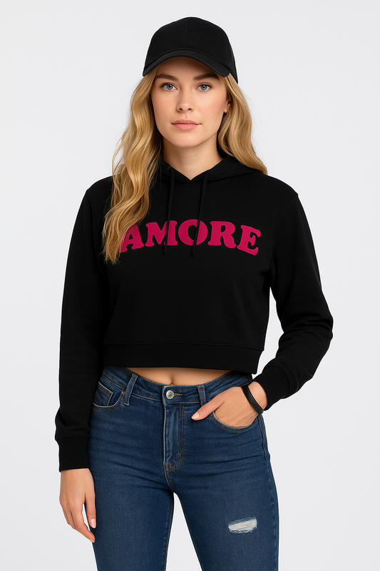 Felpa donna nero corta con cappuccio