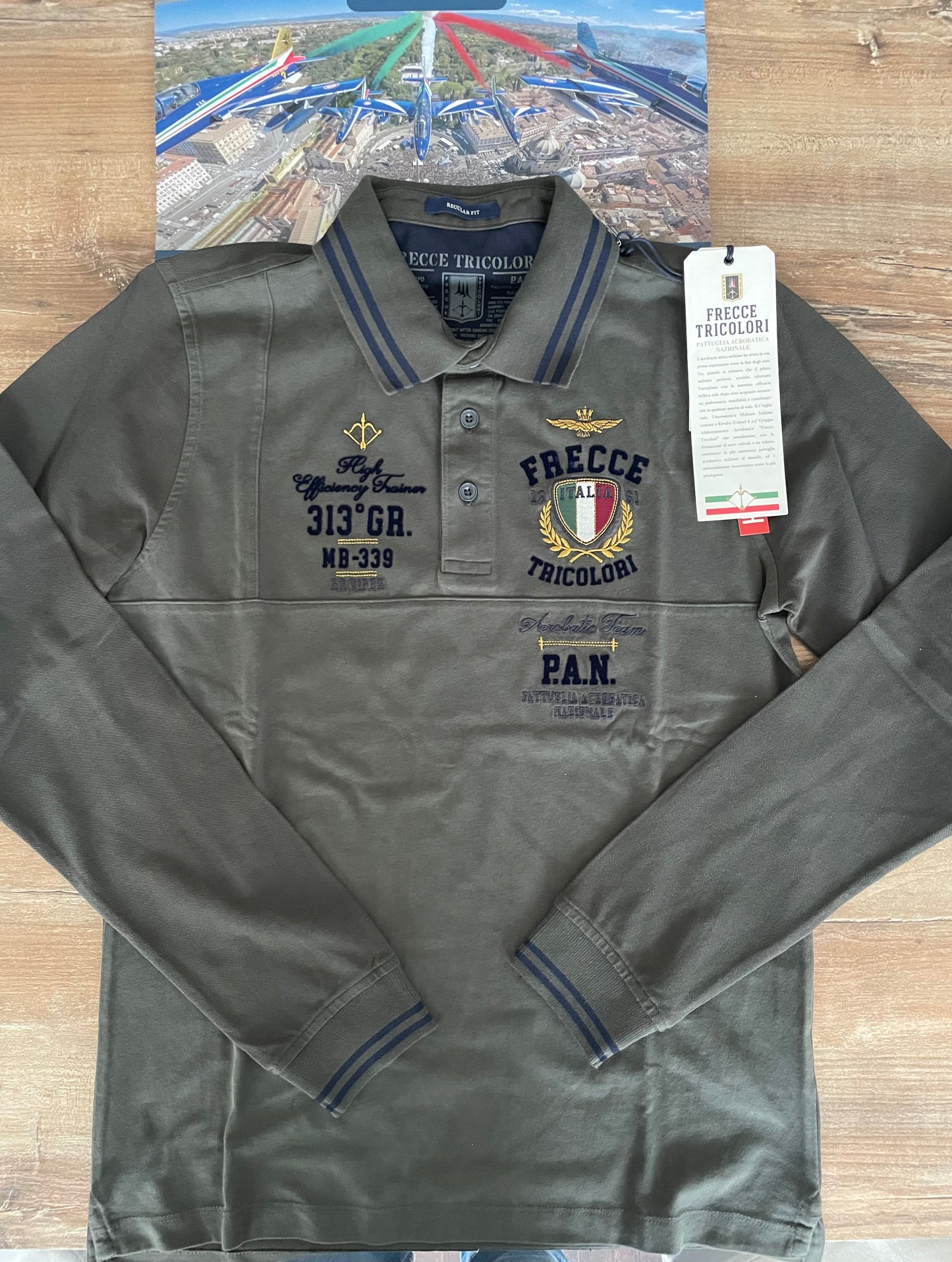 Aeronautica Militare Polo Verde Militare Uomo, Frecce Tricolori, PAN, Manica Lunga