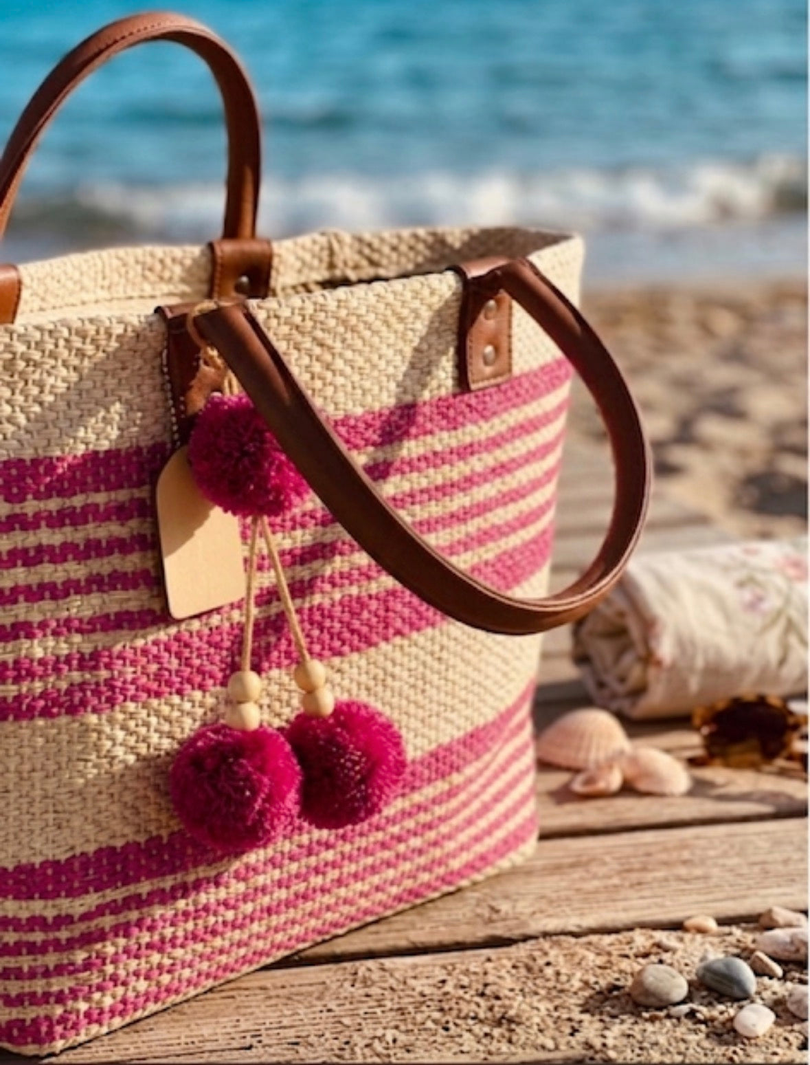 Borsa Mare Paez in Paglia a Righe Gialle o fuxia  con Pompon  Tote Bag Spiaggia