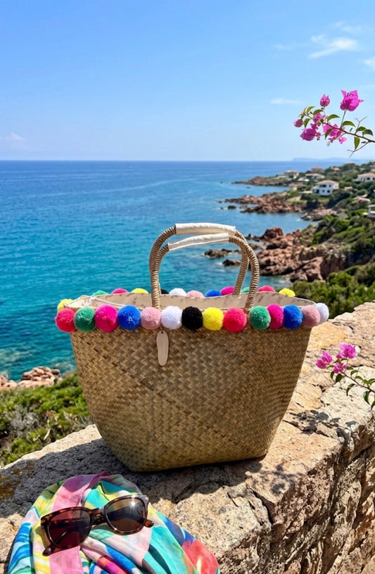 Borsa Mare in Paglia Paez con Pompon Colorati e Chiusura a Zip
