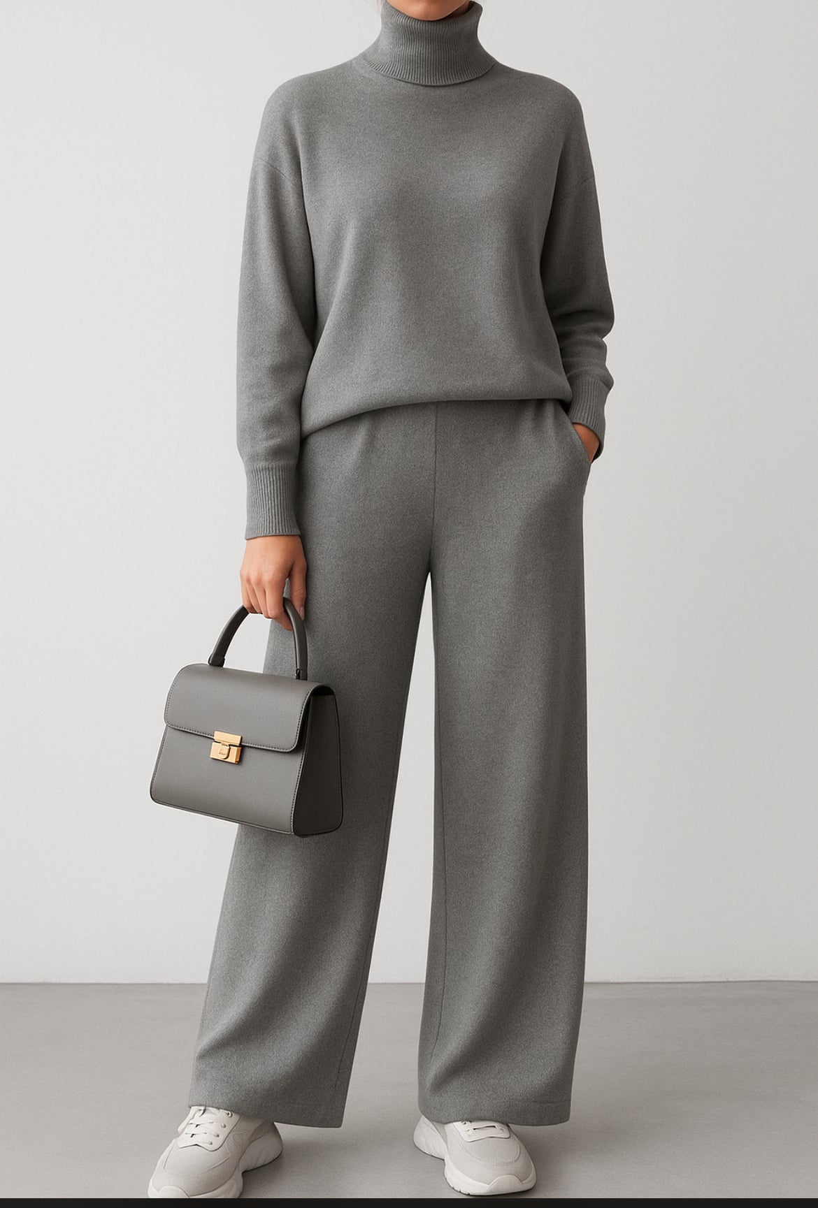 Tuta Donna Lana Rasata Completo Collo Alto Pantalone Palazzo Elegante