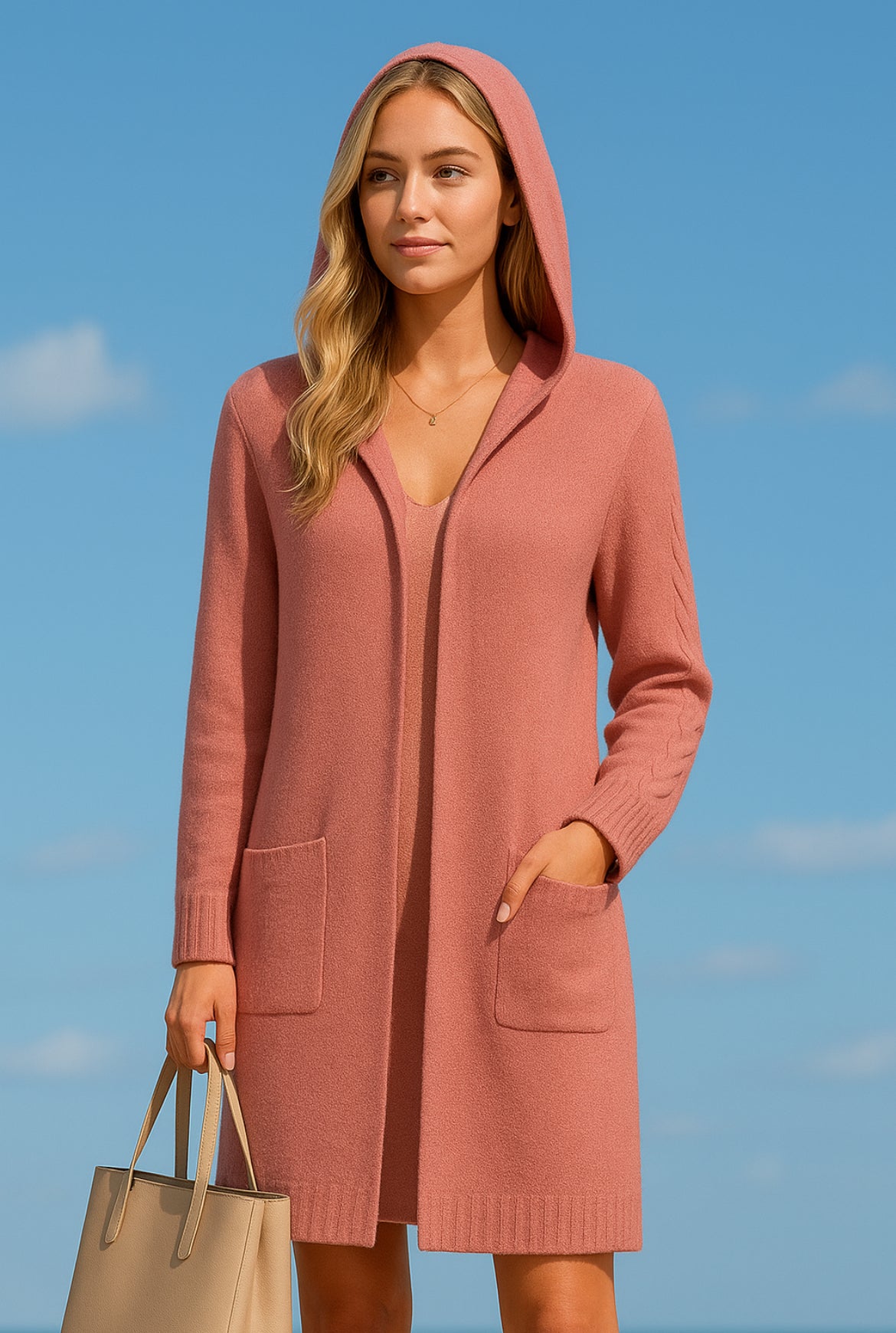 Cardigan Lungo Donna con Cappuccio in Lana Rasata - Giacca Invernale Elegante