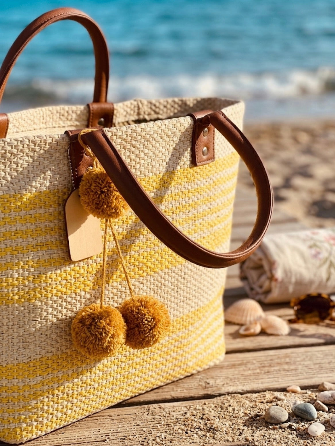 Borsa Mare Paez in Paglia a Righe Gialle o fuxia  con Pompon  Tote Bag Spiaggia