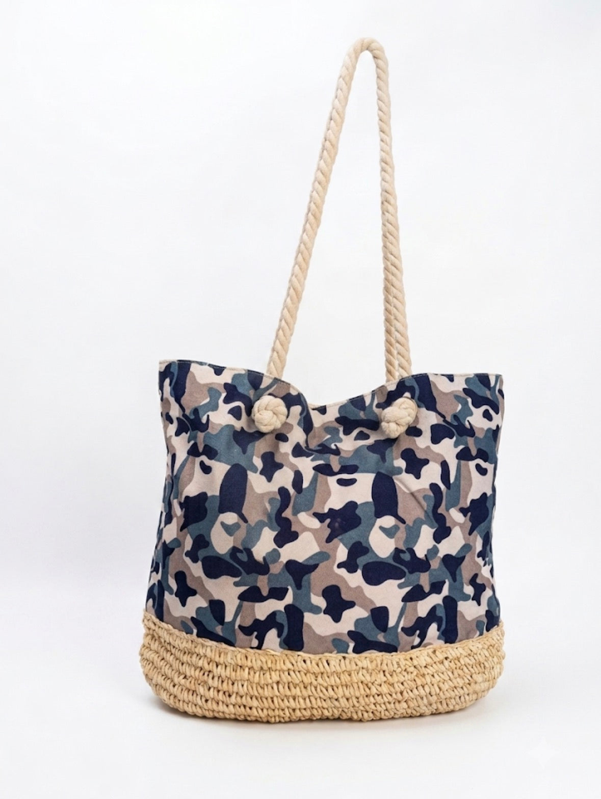 Borsa Mare Camouflage in Tessuto e Paglia – Tote Bag da Spiaggia Capiente ed Elegante