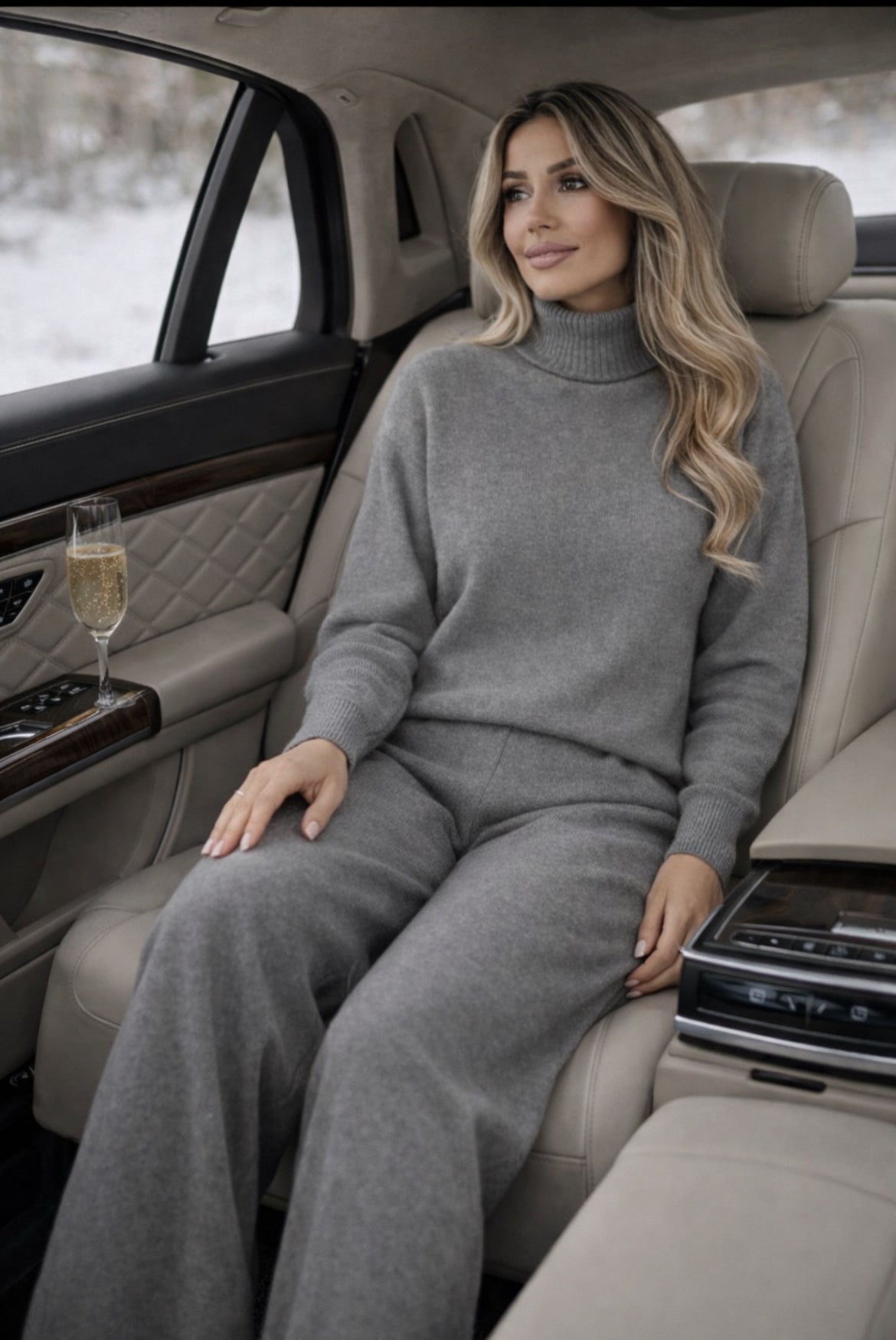 Tuta Donna Lana Rasata Completo Collo Alto Pantalone Palazzo Elegante