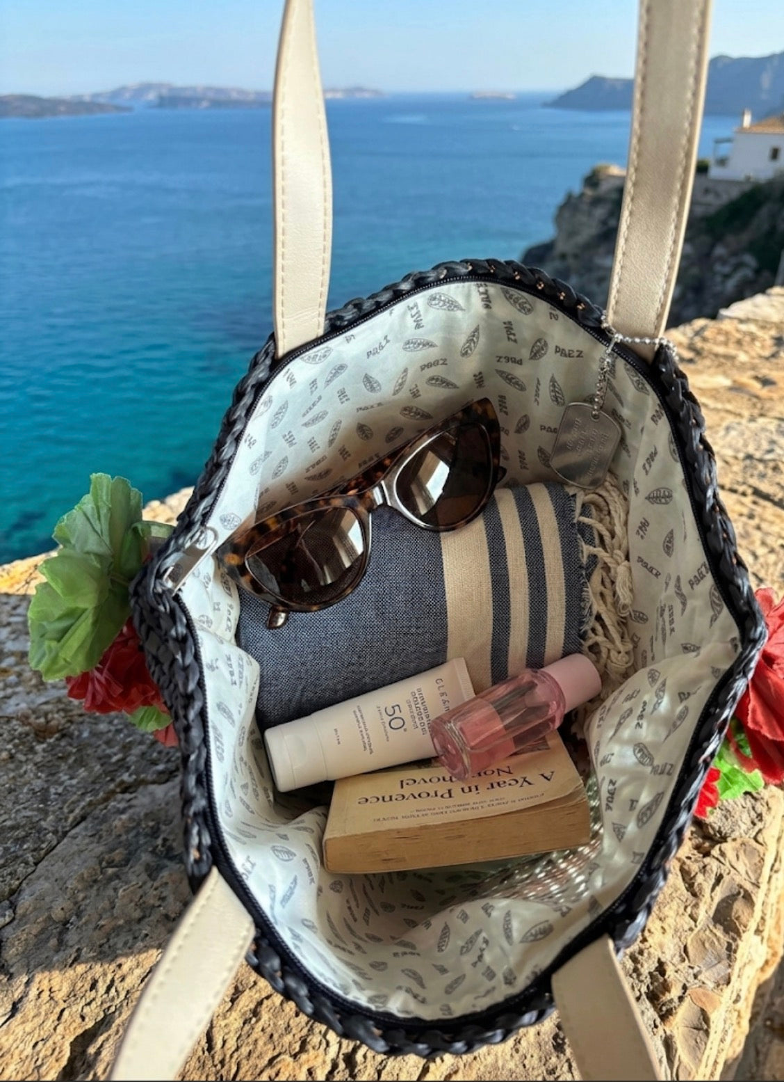 Borsa Mare in Paglia a Righe Nere  Modello Paez