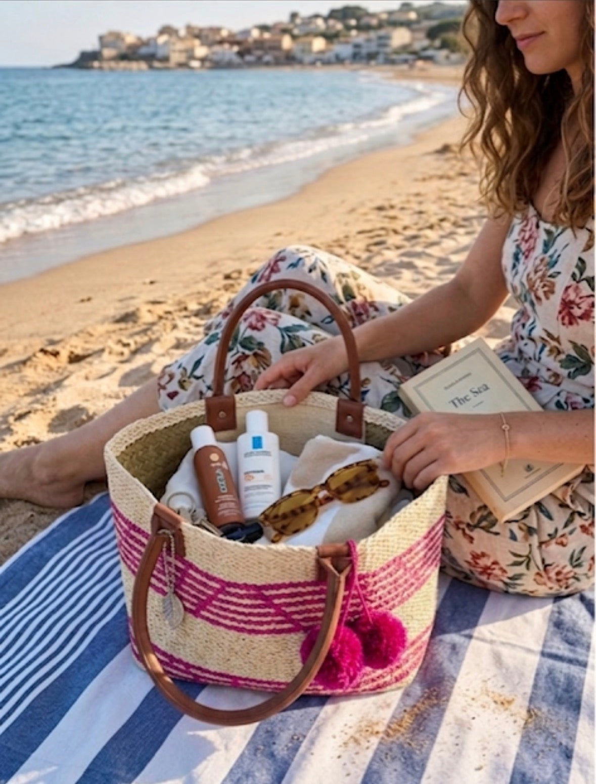 Borsa Mare Paez in Paglia a Righe Gialle o fuxia  con Pompon  Tote Bag Spiaggia