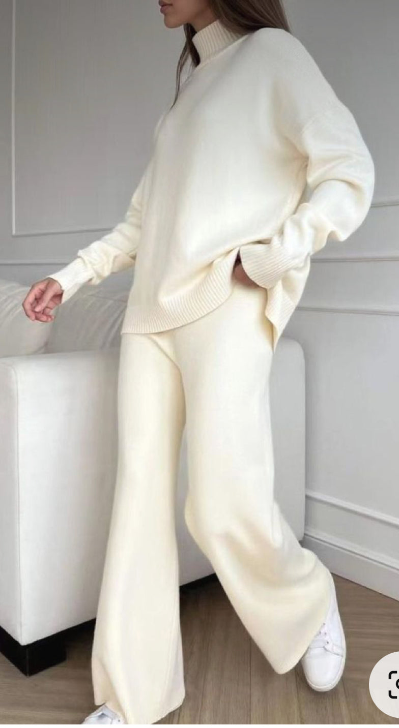 Lana Pantaloni Palazzo Maglia Tuta Donna Lana Rasata Collo Alto