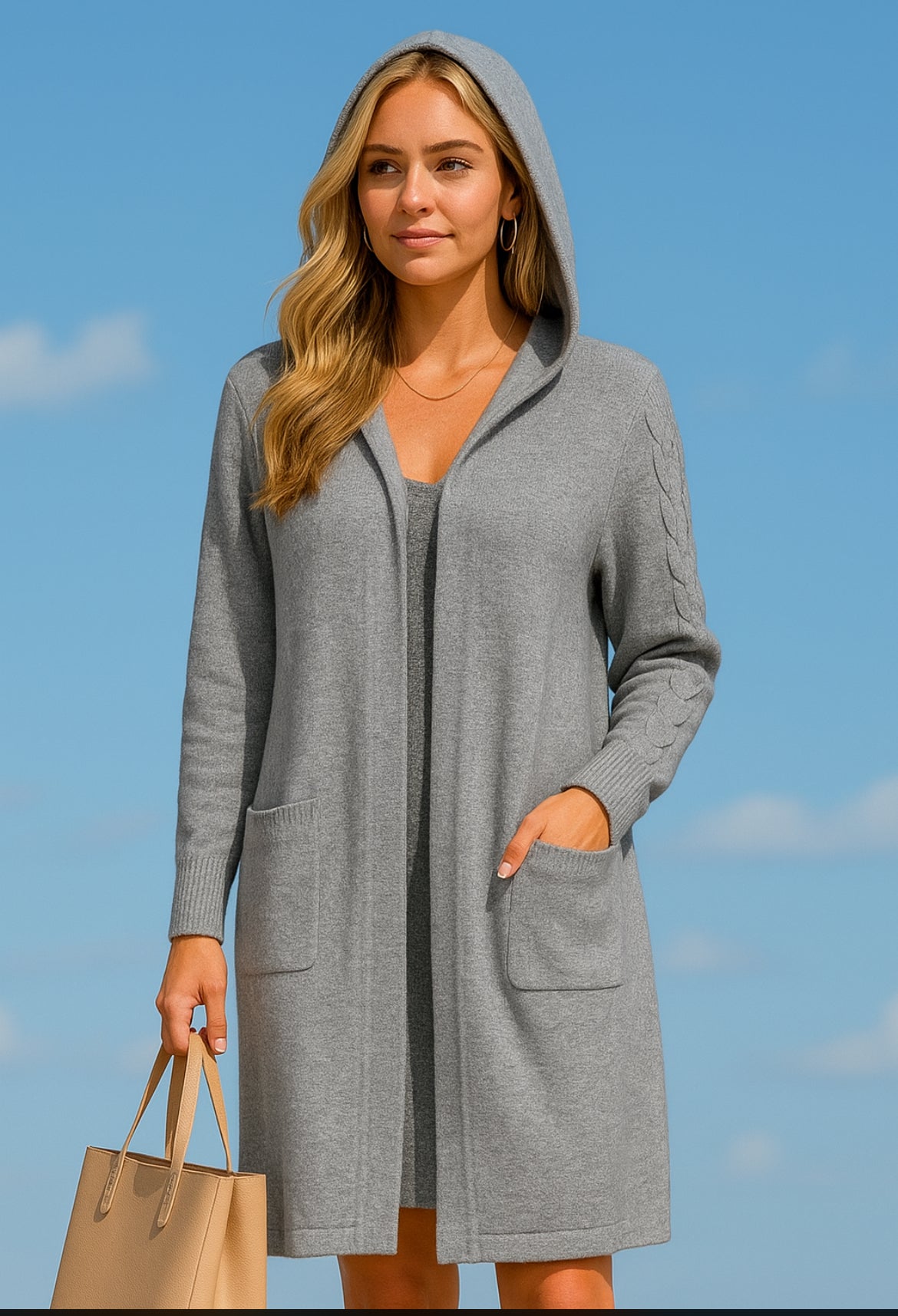 Cardigan Lungo Donna con Cappuccio in Lana Rasata - Giacca Invernale Elegante