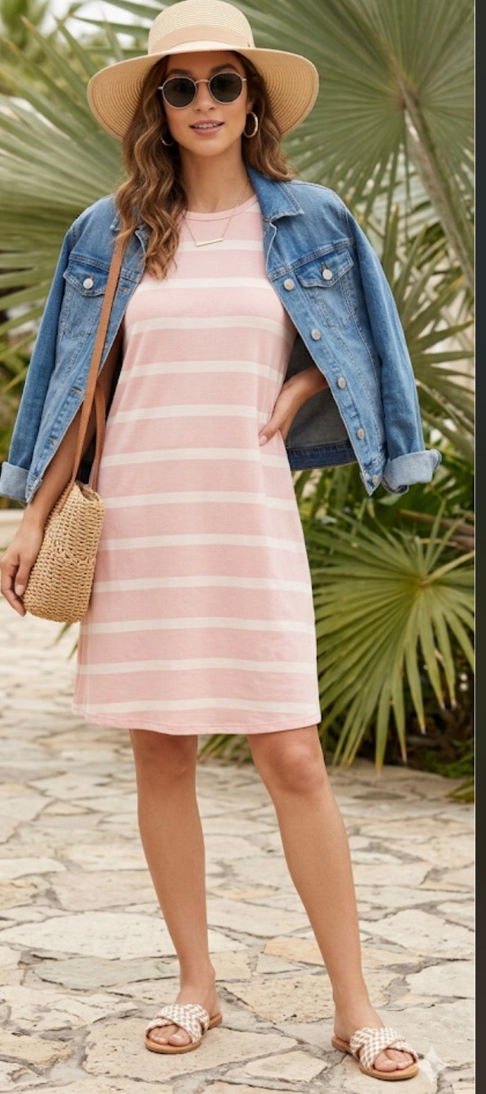 Vestito donna corto abito rosa cipria girocollo manica 3/4