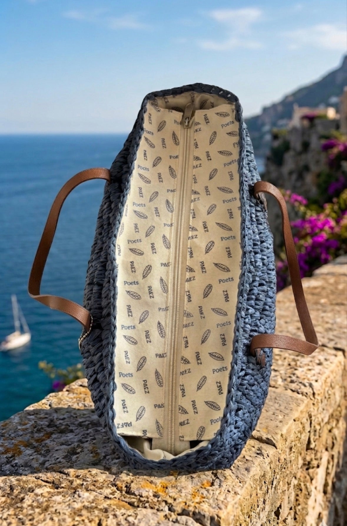 Borsa Mare in Paglia Blu con Cerniera e Fodera Interna