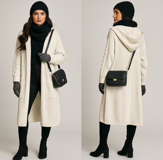 Cardigan Lungo Donna con Cappuccio in Lana Rasata - Giacca Invernale Elegante