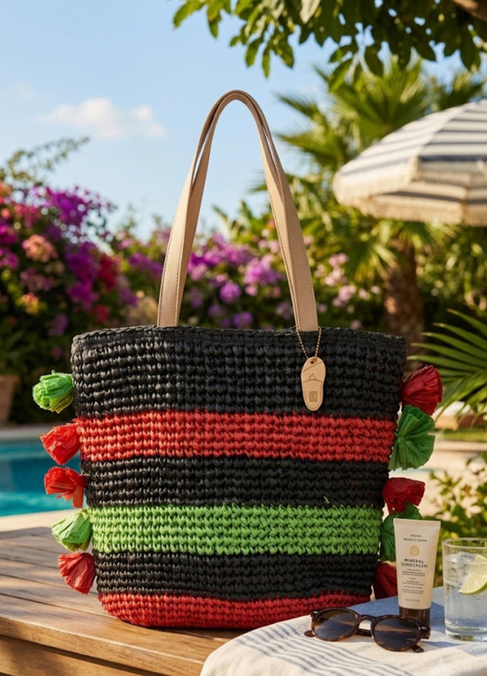 Borsa Mare in Paglia a Righe Nere  Modello Paez
