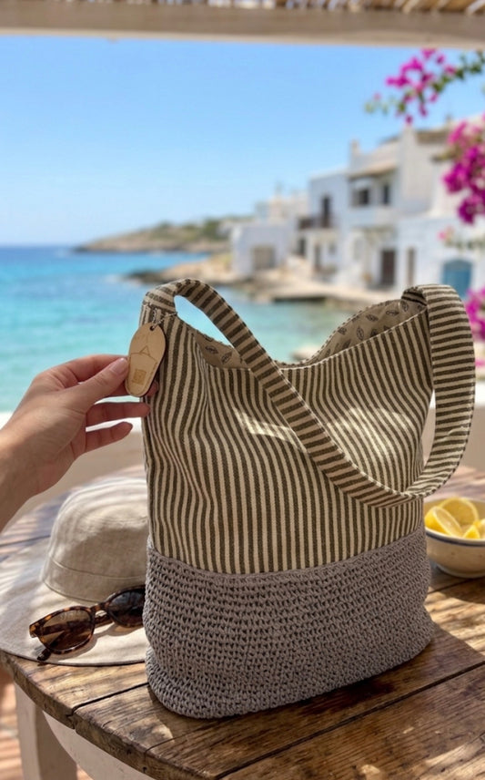 Borsa a Spalla Estiva Paez in Tessuto a Righe e Base Intrecciata