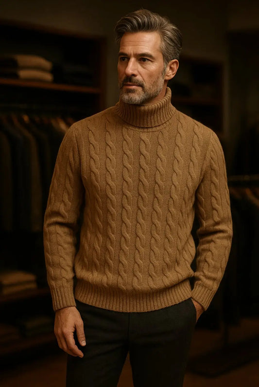 Cashmere Company maglia uomo Beige dolcevita trecce  lana e Cashmere