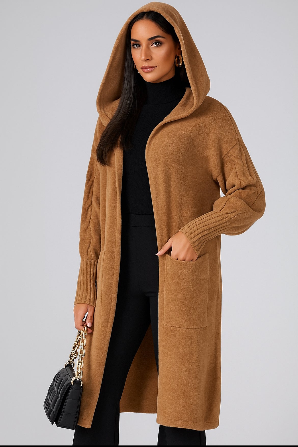 Cardigan Lungo Donna con Cappuccio in Lana Rasata - Giacca Invernale Elegante