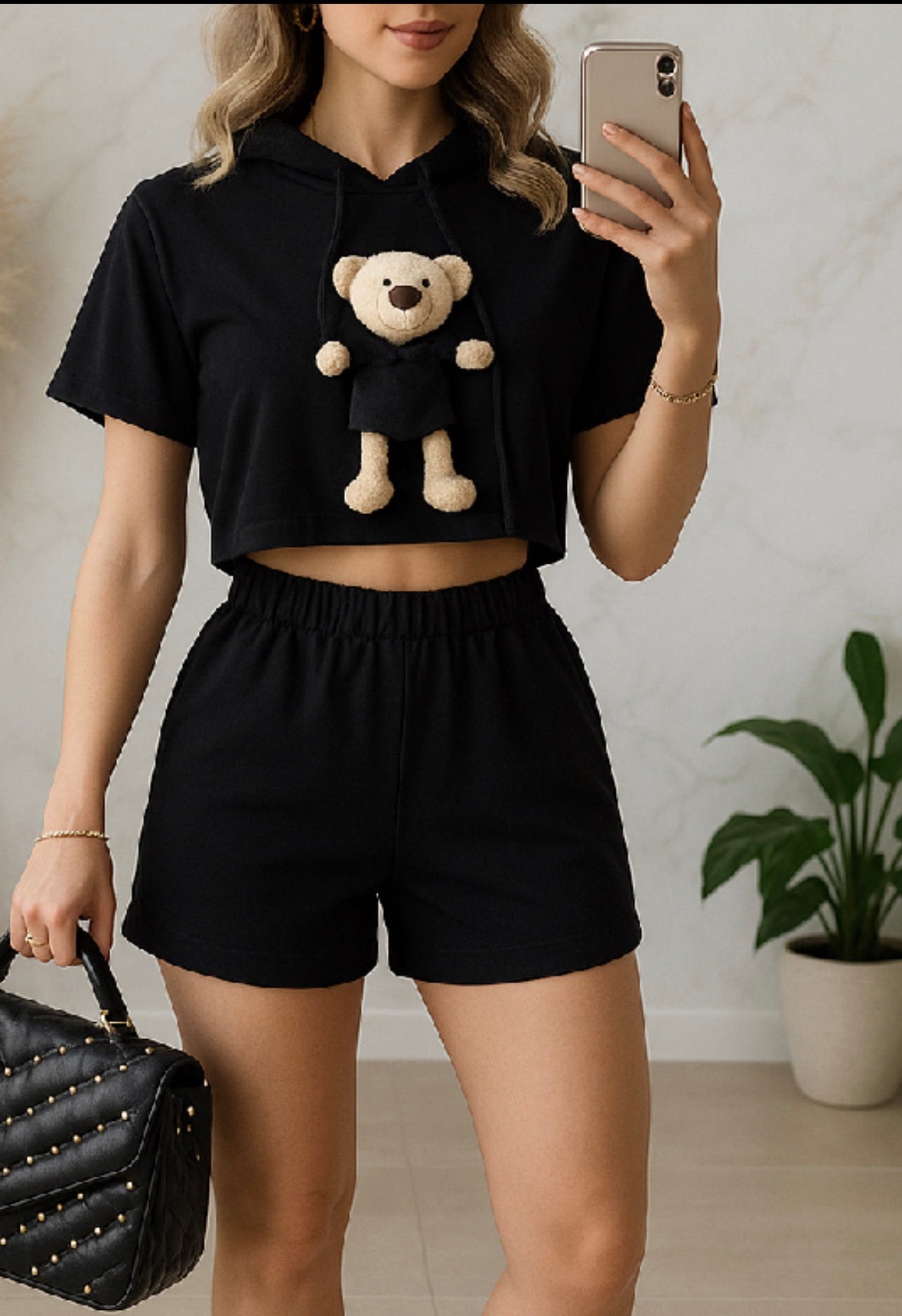 Tuta Donna Teddy con Orsacchiotto - Completo Felpa Cappuccio e Short Made in Italy