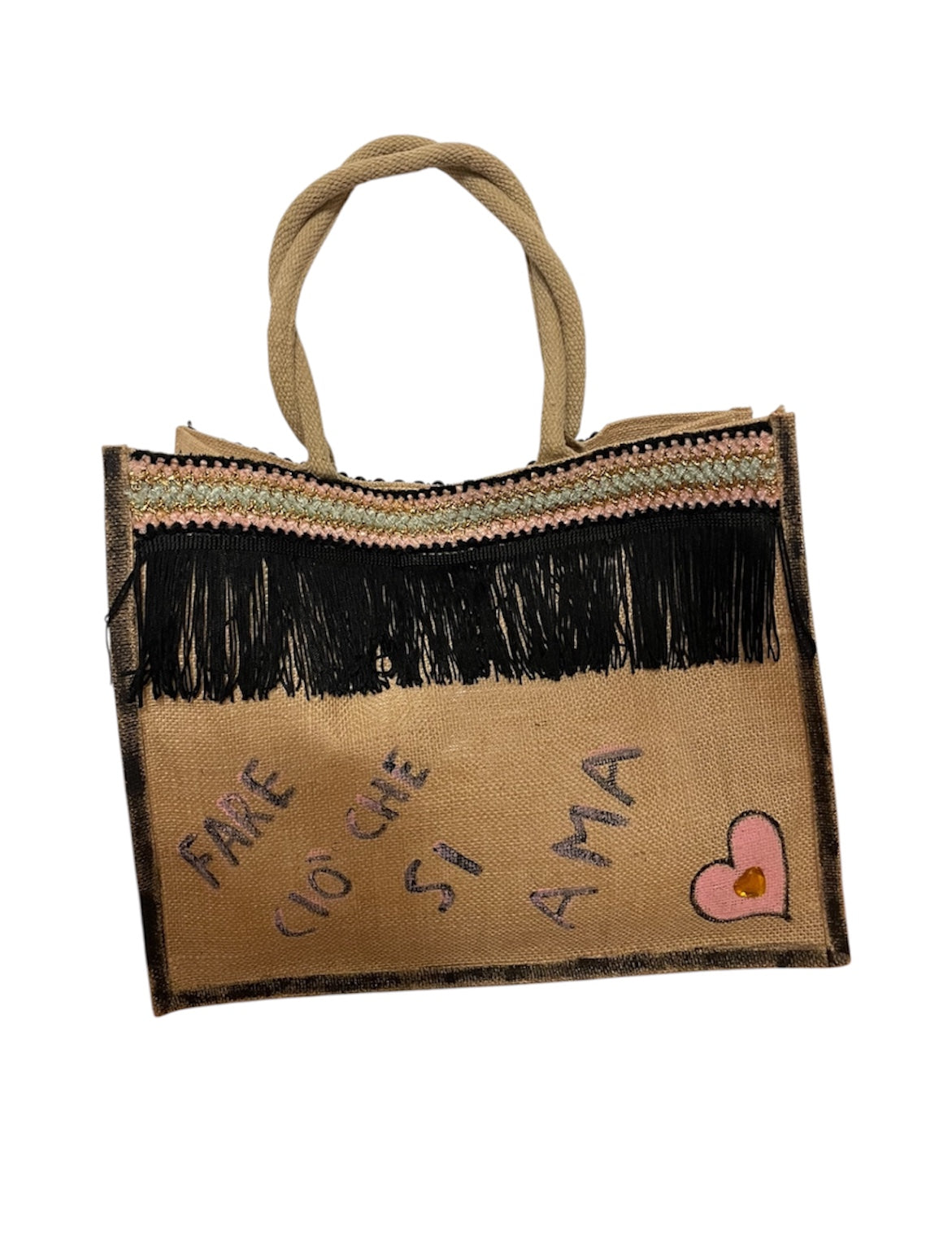 Borsa in Yuta Fatta a Mano con Decorazioni Artigianali – Doppio Manico, Spiaggia e Mare
